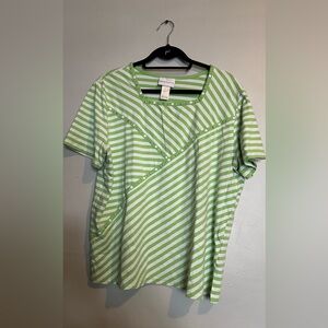 Alfred Dunner Striped Embellished Top Green White Short Sleeve Size XL